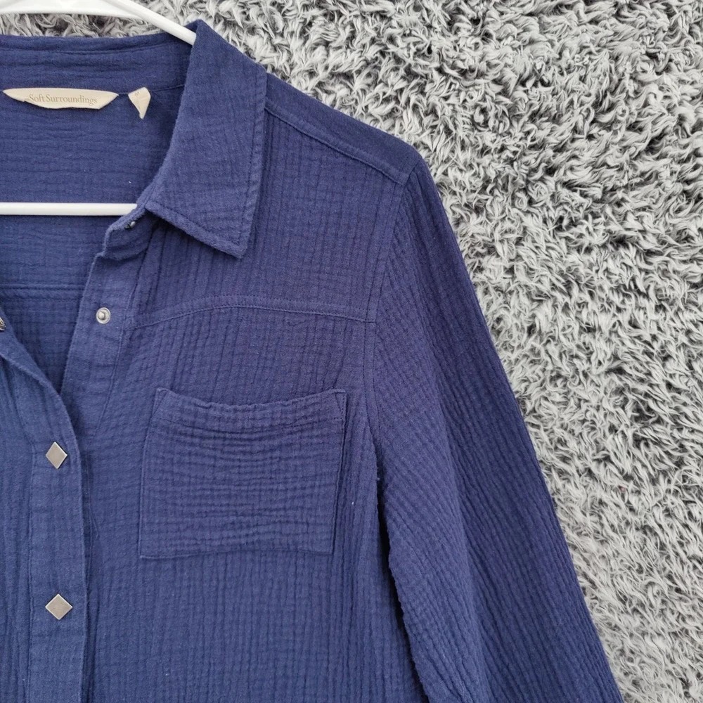 Soft Surroundings Women Coastal Gauze Preppy Airy Button Up Shirt M Navy Top - Picture 12 of 16